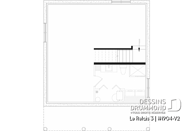 Sous-sol aménageable - Plan de chalet économique 2 chambres avec sous-sol, petit chalet, galerie couverte, plafond en pente - Le Relais 3