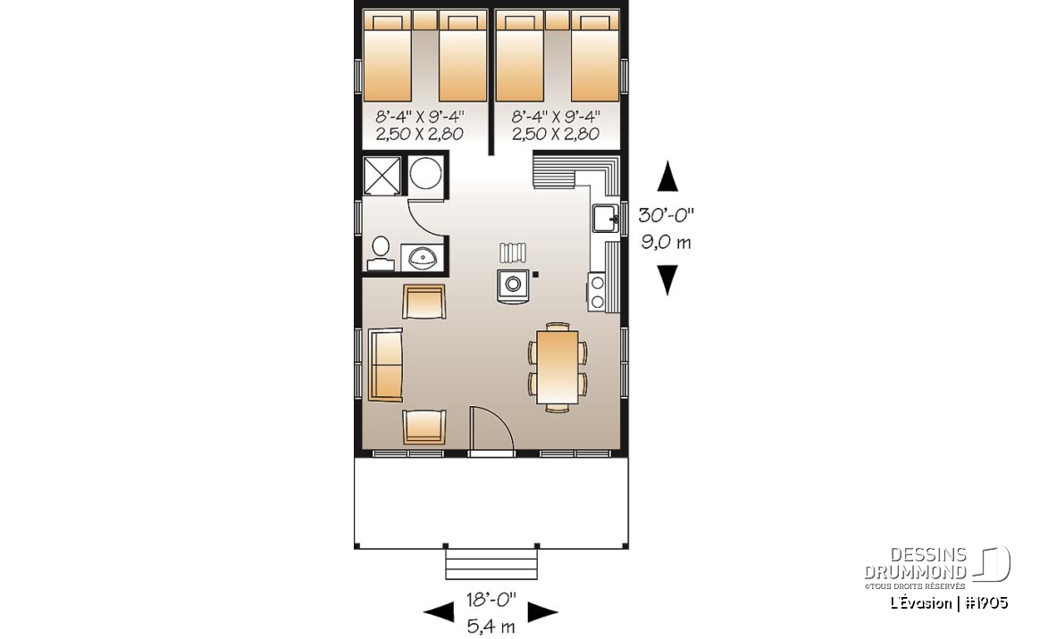 Rez-de-chaussée - Plan de petit chalet 2 chambres, options isolée et non-isolées incluses, poêle à bois, balcon couvert - L'Évasion