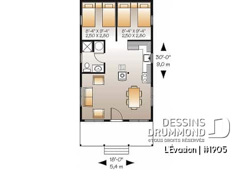 Rez-de-chaussée - Plan de petit chalet 2 chambres, options isolée et non-isolées incluses, poêle à bois, balcon couvert - L'Évasion