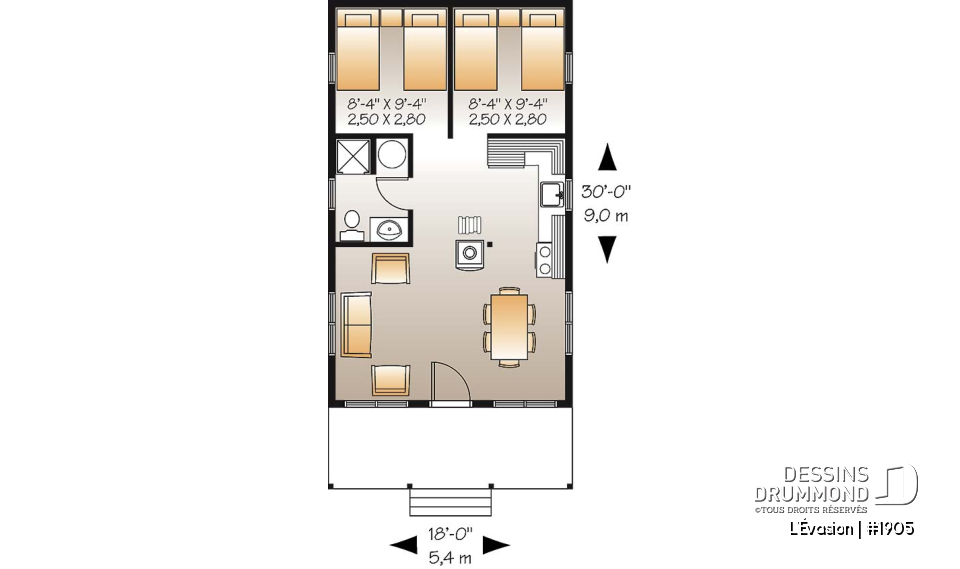 Rez-de-chaussée - Plan de petit chalet 2 chambres, options isolée et non-isolées incluses, poêle à bois, balcon couvert - L'Évasion