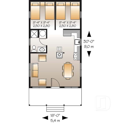 Rez-de-chaussée - Plan de petit chalet 2 chambres, options isolée et non-isolées incluses, poêle à bois, balcon couvert - L'Évasion