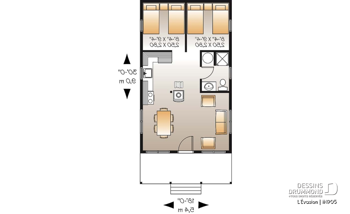 Rez-de-chaussée - Plan de petit chalet 2 chambres, options isolée et non-isolées incluses, poêle à bois, balcon couvert - L'Évasion