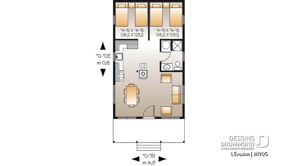 Rez-de-chaussée - Plan de petit chalet 2 chambres, options isolée et non-isolées incluses, poêle à bois, balcon couvert - L'Évasion