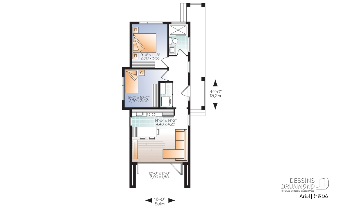 Rez-de-chaussée - Plan de mini plain-pied moderne, 631 pi. carré, plafond 9 pieds, 2 chambres, terrain étroit, terrasse abritée - Ariel