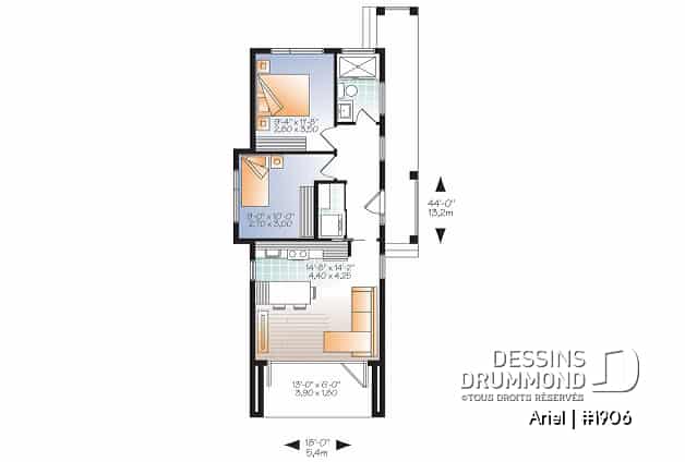 Rez-de-chaussée - Plan de mini plain-pied moderne, 631 pi. carré, plafond 9 pieds, 2 chambres, terrain étroit, terrasse abritée - Ariel