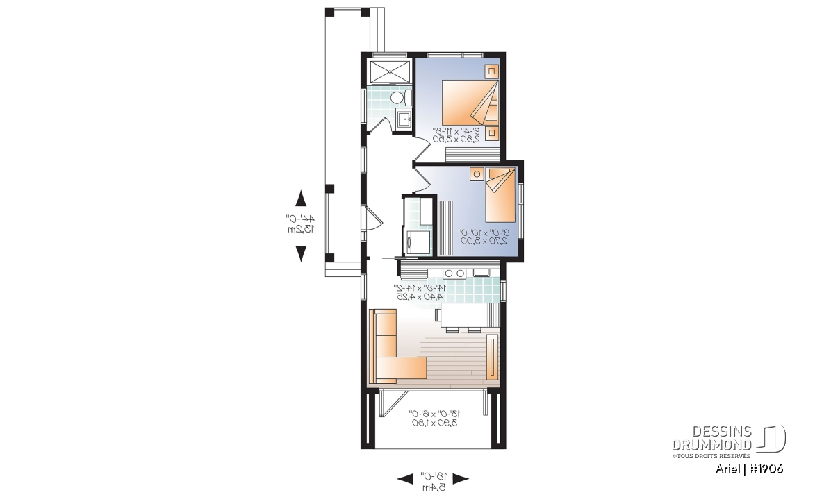 Rez-de-chaussée - Plan de mini plain-pied moderne, 631 pi. carré, plafond 9 pieds, 2 chambres, terrain étroit, terrasse abritée - Ariel