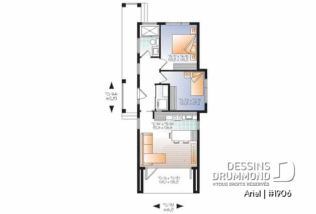 Rez-de-chaussée - Plan de mini plain-pied moderne, 631 pi. carré, plafond 9 pieds, 2 chambres, terrain étroit, terrasse abritée - Ariel