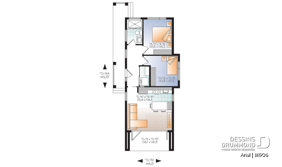 Rez-de-chaussée - Plan de mini plain-pied moderne, 631 pi. carré, plafond 9 pieds, 2 chambres, terrain étroit, terrasse abritée - Ariel