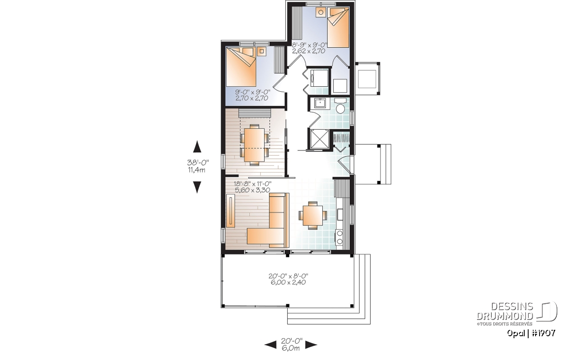 Rez-de-chaussée - Plan de petit plain-pied moderne rustique, 2+ chambres, abordable, grand balcon couvert - Opal