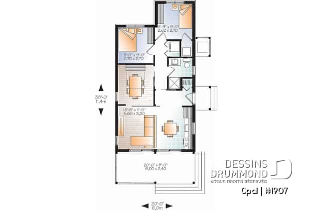 Rez-de-chaussée - Plan de petit plain-pied moderne rustique, 2+ chambres, abordable, grand balcon couvert - Opal