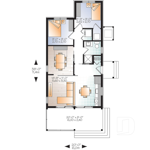 Rez-de-chaussée - Plan de petit plain-pied moderne rustique, 2+ chambres, abordable, grand balcon couvert - Opal