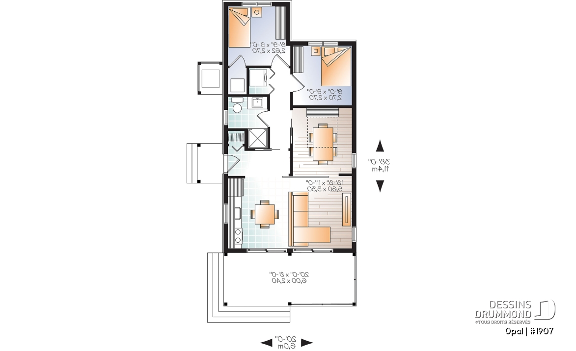 Rez-de-chaussée - Plan de petit plain-pied moderne rustique, 2+ chambres, abordable, grand balcon couvert - Opal