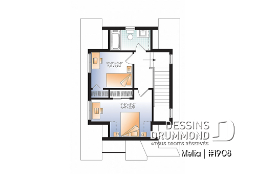 Étage - Plan de mini maison à étage, 2 ou 3 chambres, plafond 9 pieds, espace familial à aire ouverte - Melia
