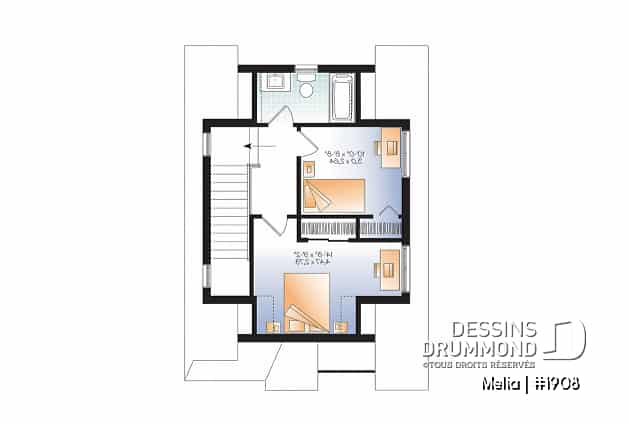Étage - Plan de mini maison à étage, 2 ou 3 chambres, plafond 9 pieds, espace familial à aire ouverte - Melia