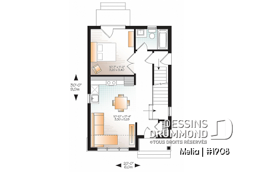 Rez-de-chaussée - Plan de mini maison à étage, 2 ou 3 chambres, plafond 9 pieds, espace familial à aire ouverte - Melia