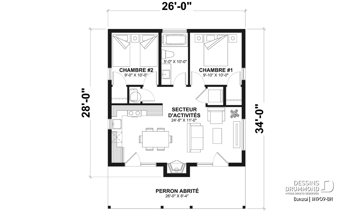 Rez-de-chaussée - Fondation dalle - Modèle de petite maison moderne ou chalet moderne, joli balcon abrité, 2 chambres, foyer central, air ouverte - Bonzai