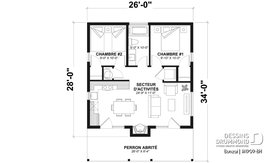 Rez-de-chaussée - Fondation dalle - Modèle de petite maison moderne ou chalet moderne, joli balcon abrité, 2 chambres, foyer central, air ouverte - Bonzai