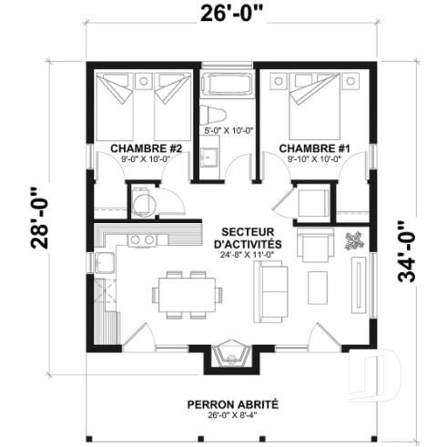 Rez-de-chaussée - Fondation dalle - Modèle de petite maison moderne ou chalet moderne, joli balcon abrité, 2 chambres, foyer central, air ouverte - Bonzai