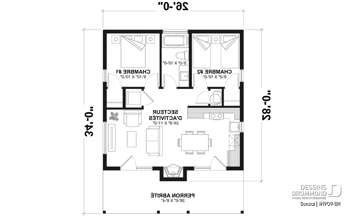 Rez-de-chaussée - Fondation dalle - Modèle de petite maison moderne ou chalet moderne, joli balcon abrité, 2 chambres, foyer central, air ouverte - Bonzai
