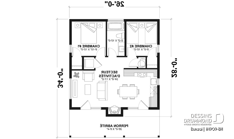 Rez-de-chaussée - Fondation dalle - Modèle de petite maison moderne ou chalet moderne, joli balcon abrité, 2 chambres, foyer central, air ouverte - Bonzai