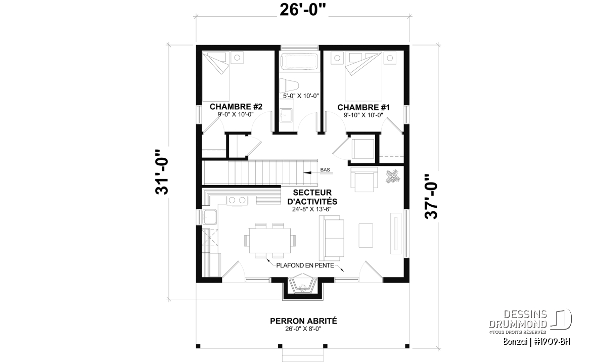 Rez-de-chaussée - Fondation sous-sol (Optionel $) - Modèle de petite maison moderne ou chalet moderne, joli balcon abrité, 2 chambres, foyer central, air ouverte - Bonzai
