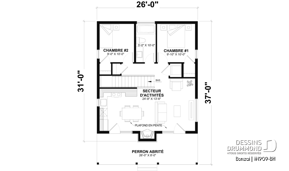Rez-de-chaussée - Fondation sous-sol (Optionel $) - Modèle de petite maison moderne ou chalet moderne, joli balcon abrité, 2 chambres, foyer central, air ouverte - Bonzai