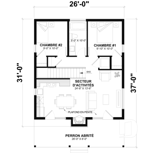 Rez-de-chaussée - Fondation sous-sol (Optionel $) - Modèle de petite maison moderne ou chalet moderne, joli balcon abrité, 2 chambres, foyer central, air ouverte - Bonzai