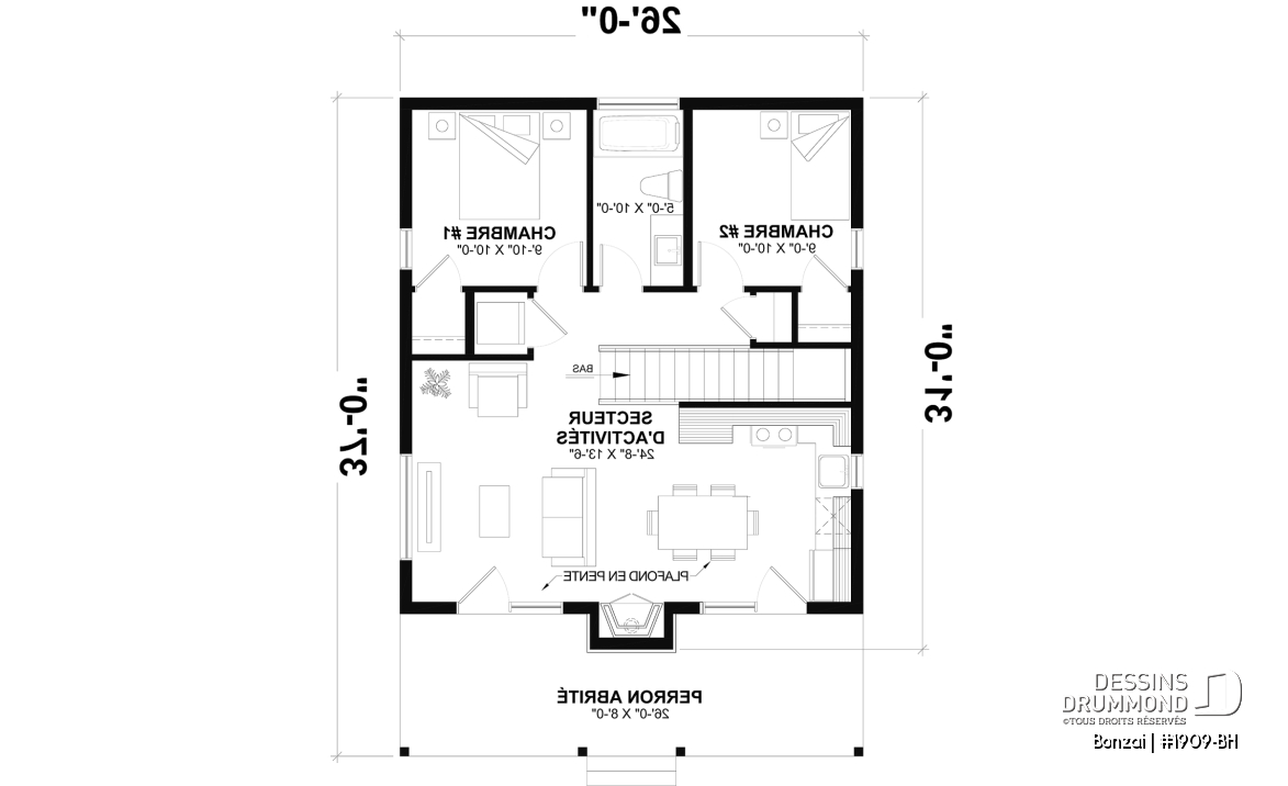 Rez-de-chaussée - Fondation sous-sol (Optionel $) - Modèle de petite maison moderne ou chalet moderne, joli balcon abrité, 2 chambres, foyer central, air ouverte - Bonzai