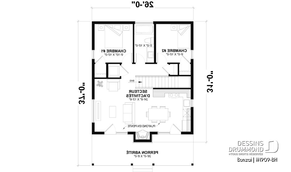 Rez-de-chaussée - Fondation sous-sol (Optionel $) - Modèle de petite maison moderne ou chalet moderne, joli balcon abrité, 2 chambres, foyer central, air ouverte - Bonzai