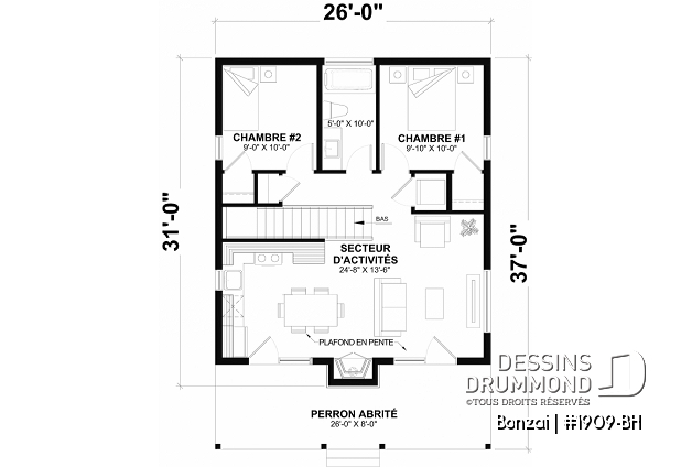 Rez-de-chaussée (Optionel $) - Modèle de petite maison moderne ou chalet moderne, joli balcon abrité, 2 chambres, foyer central, air ouverte - Bonzai