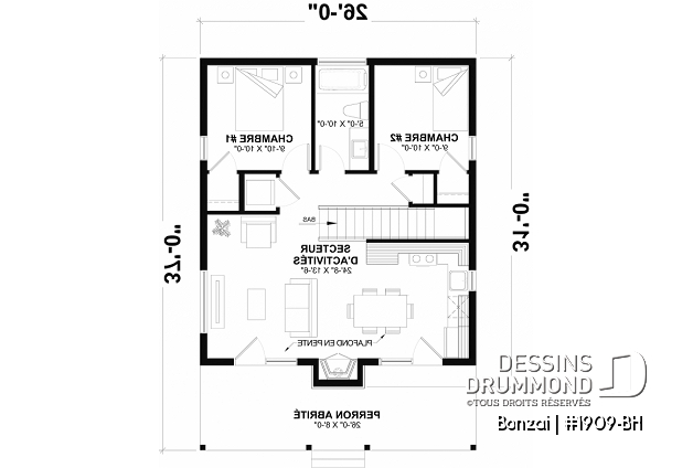 Rez-de-chaussée (Optionel $) - Modèle de petite maison moderne ou chalet moderne, joli balcon abrité, 2 chambres, foyer central, air ouverte - Bonzai