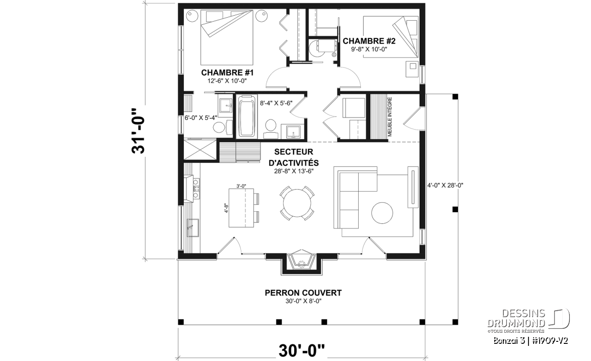 Rez-de-chaussée - Plan de petit chalet moderne abordable de 930 pi² avec 2 chambres, foyer central et style chaleureux - Bonzai 3