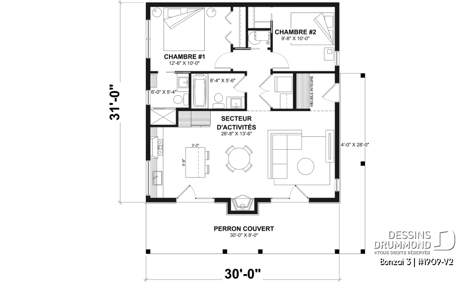 Rez-de-chaussée - Plan de petit chalet moderne abordable de 930 pi² avec 2 chambres, foyer central et style chaleureux - Bonzai 3