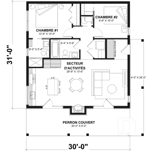 Rez-de-chaussée - Plan de petit chalet moderne abordable de 930 pi² avec 2 chambres, foyer central et style chaleureux - Bonzai 3