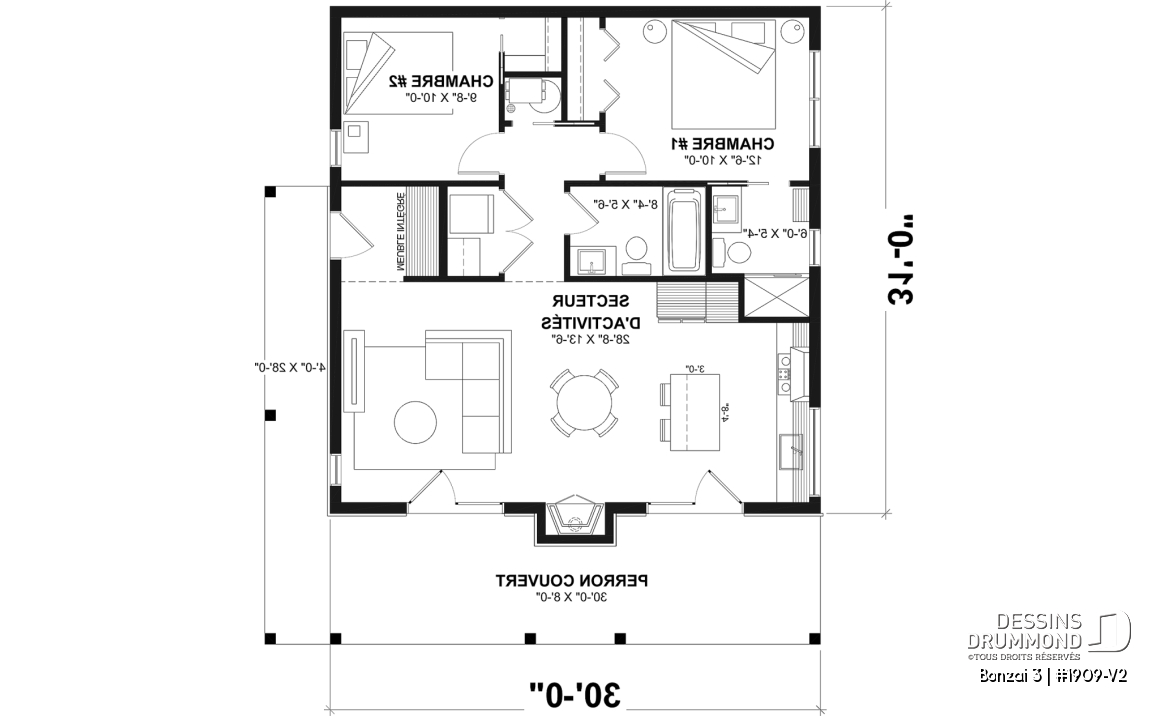 Rez-de-chaussée - Plan de petit chalet moderne abordable de 930 pi² avec 2 chambres, foyer central et style chaleureux - Bonzai 3