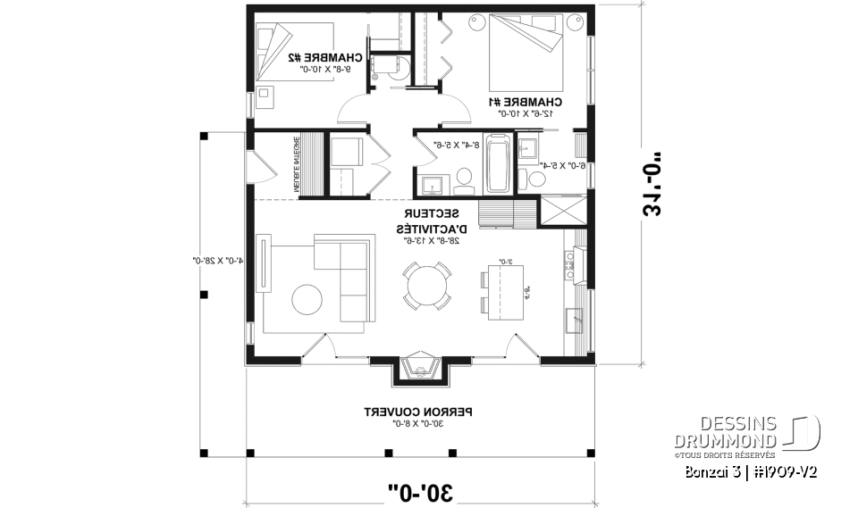 Rez-de-chaussée - Plan de petit chalet moderne abordable de 930 pi² avec 2 chambres, foyer central et style chaleureux - Bonzai 3