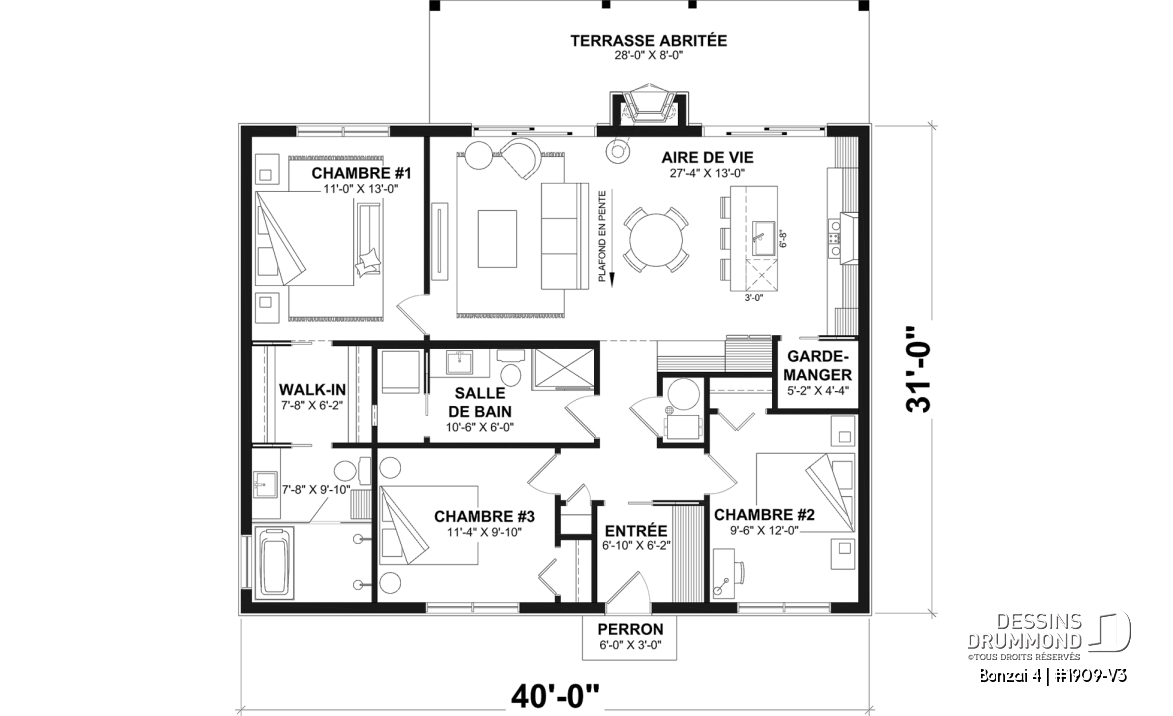 Rez-de-chaussée - Fondation dalle - Plan de chalet moderne plain-pied avec 3 chambres, dalle flottante et foyer extérieur - Bonzai 4