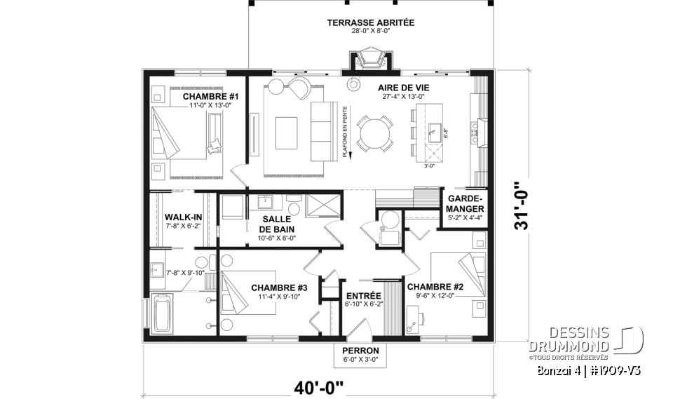 Rez-de-chaussée - Fondation dalle - Plan de chalet moderne plain-pied avec 3 chambres, dalle flottante et foyer extérieur - Bonzai 4