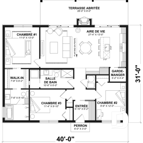 Rez-de-chaussée - Fondation dalle - Plan de chalet moderne plain-pied avec 3 chambres, dalle flottante et foyer extérieur - Bonzai 4