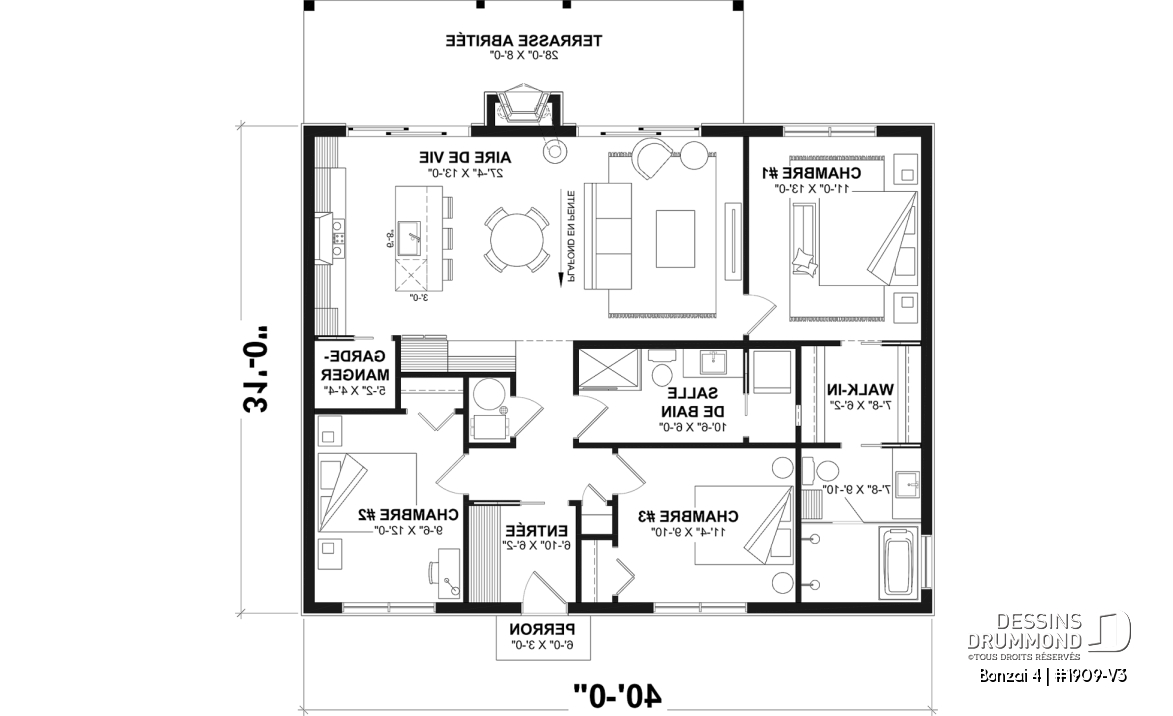 Rez-de-chaussée - Fondation dalle - Plan de chalet moderne plain-pied avec 3 chambres, dalle flottante et foyer extérieur - Bonzai 4
