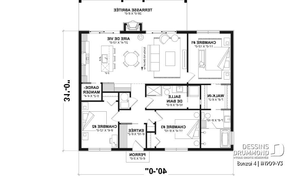 Rez-de-chaussée - Fondation dalle - Plan de chalet moderne plain-pied avec 3 chambres, dalle flottante et foyer extérieur - Bonzai 4