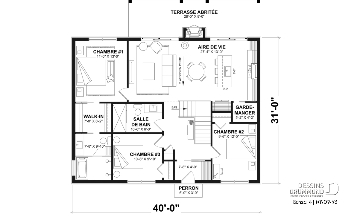Rez-de-chaussée - Fondation sous-sol (Optionel $) - Plan de chalet moderne plain-pied avec 3 chambres, dalle flottante et foyer extérieur - Bonzai 4