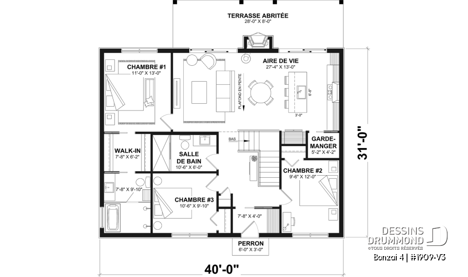 Rez-de-chaussée - Fondation sous-sol (Optionel $) - Plan de chalet moderne plain-pied avec 3 chambres, dalle flottante et foyer extérieur - Bonzai 4