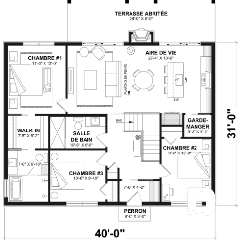 Rez-de-chaussée - Fondation sous-sol (Optionel $) - Plan de chalet moderne plain-pied avec 3 chambres, dalle flottante et foyer extérieur - Bonzai 4