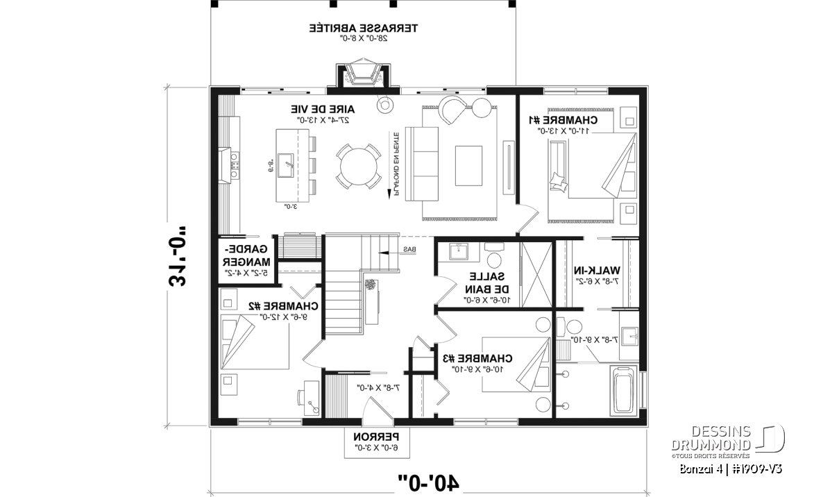 Rez-de-chaussée - Fondation sous-sol (Optionel $) - Plan de chalet moderne plain-pied avec 3 chambres, dalle flottante et foyer extérieur - Bonzai 4