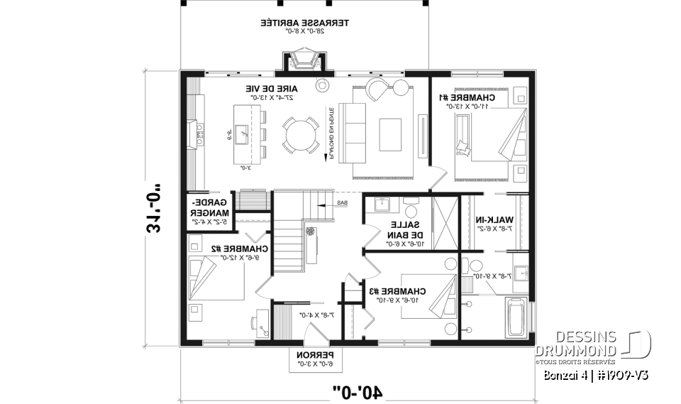 Rez-de-chaussée - Fondation sous-sol (Optionel $) - Plan de chalet moderne plain-pied avec 3 chambres, dalle flottante et foyer extérieur - Bonzai 4