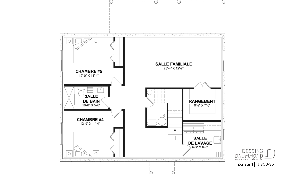 Sous-sol aménagé (Optionel $) - Plan de chalet moderne plain-pied avec 3 chambres, dalle flottante et foyer extérieur - Bonzai 4