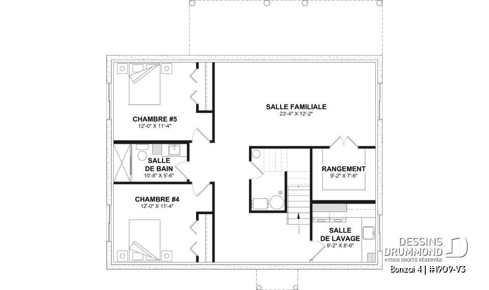 Sous-sol aménagé (Optionel $) - Plan de chalet moderne plain-pied avec 3 chambres, dalle flottante et foyer extérieur - Bonzai 4
