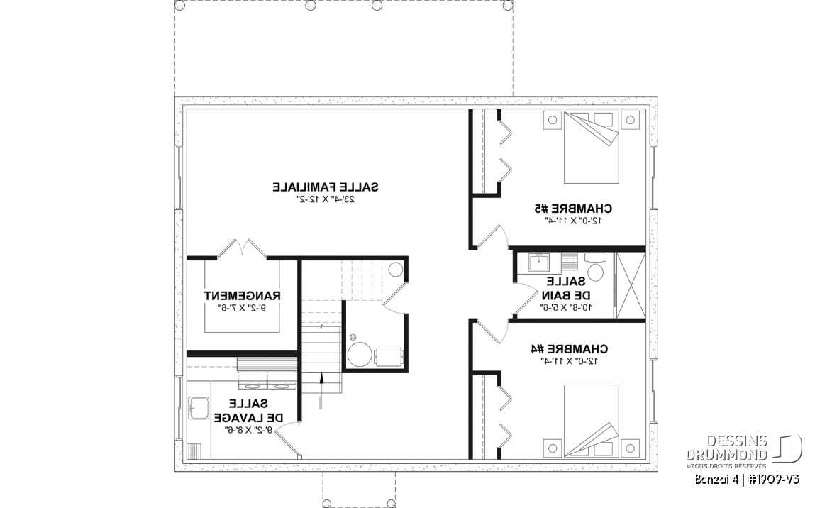 Sous-sol aménagé (Optionel $) - Plan de chalet moderne plain-pied avec 3 chambres, dalle flottante et foyer extérieur - Bonzai 4