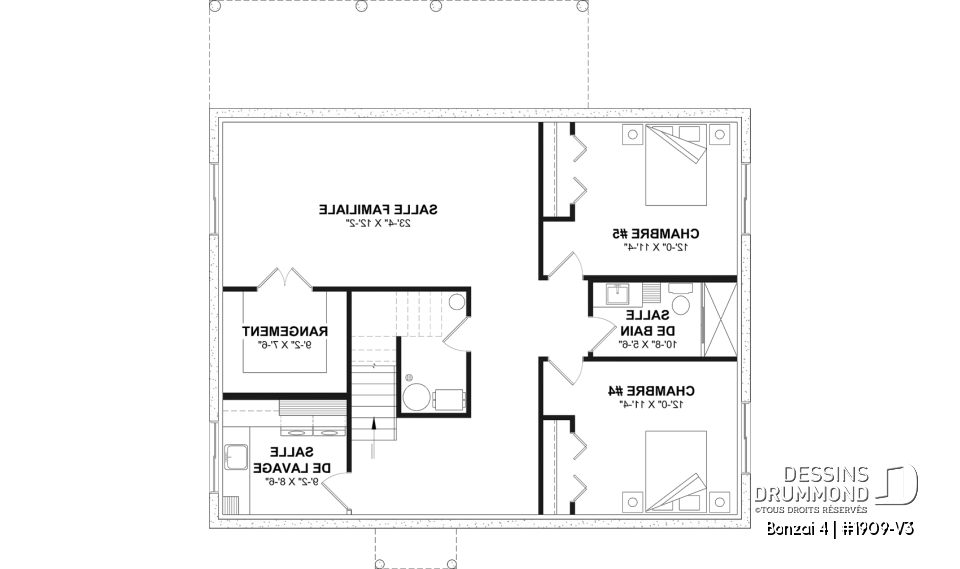 Sous-sol aménagé (Optionel $) - Plan de chalet moderne plain-pied avec 3 chambres, dalle flottante et foyer extérieur - Bonzai 4
